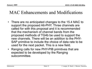IEEE-15-05-0002-00-004a
Submission
January 2005
J. Lampe, R. Hach, L. Menzer, Nanotron
Slide 19
MAC Enhancements and Modifications
• There are no anticipated changes to the 15.4 MAC to
support the proposed Alt-PHY. Three channels are
called for with this proposal and it is recommended
that the mechanism of channel bands from the
proposed methods of TG4b be used to support the
new channels. There will be an addition to the PHY-
SAP primitive to include the choice of data rate to be
used for the next packet. This is a new field.
• Ranging calls for new PHY-PIB primitives that are
expected to be developed by the Ranging
subcommittee.
 