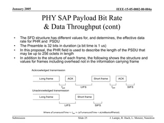 IEEE-15-05-0002-00-004a
Submission
January 2005
J. Lampe, R. Hach, L. Menzer, Nanotron
Slide 25
PHY SAP Payload Bit Rate
& Data Throughput (cont)
• The SFD structure has different values for, and determines, the effective data
rate for PHR and PSDU
• The Preamble is 32 bits in duration (a bit time is 1 us)
• In this proposal, the PHR field is used to describe the length of the PSDU that
may be up to 256 octets in length
• In addition to the structure of each frame, the following shows the structure and
values for frames including overhead not in the information carrying frame
ACK Short frame ACK
Long frame
SIFS
tack
tack LIFS
Short frame
SIFS
LIFS
Long frame
Acknowledged transmission
Unacknowledged transmission
Where aTurnaroundTime <- tack <- (aTurnaroundTime + aUnitBackoffPeriod)
 