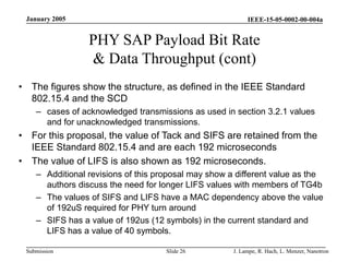 IEEE-15-05-0002-00-004a
Submission
January 2005
J. Lampe, R. Hach, L. Menzer, Nanotron
Slide 26
PHY SAP Payload Bit Rate
& Data Throughput (cont)
• The figures show the structure, as defined in the IEEE Standard
802.15.4 and the SCD
– cases of acknowledged transmissions as used in section 3.2.1 values
and for unacknowledged transmissions.
• For this proposal, the value of Tack and SIFS are retained from the
IEEE Standard 802.15.4 and are each 192 microseconds
• The value of LIFS is also shown as 192 microseconds.
– Additional revisions of this proposal may show a different value as the
authors discuss the need for longer LIFS values with members of TG4b
– The values of SIFS and LIFS have a MAC dependency above the value
of 192uS required for PHY turn around
– SIFS has a value of 192us (12 symbols) in the current standard and
LIFS has a value of 40 symbols.
 