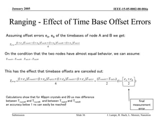 IEEE-15-05-0002-00-004a
Submission
January 2005
J. Lampe, R. Hach, L. Menzer, Nanotron
Slide 36
Ranging - Effect of Time Base Offset Errors
1
2
,
2
1 replyB
replyA
roundB
roundA T
T
T
T 

4
)
1
(
)
1
(
)
1
(
)
1
( 2
2
1
1 replyA
A
roundB
B
replyB
B
roundA
A
prop
T
e
T
e
T
e
T
e
T








Assuming offset errors eA, eB of the timebases of node A and B we get:
On the condition that the two nodes have almost equal behavior, we can assume:
This has the effect that timebase offsets are canceled out:
)
2
1
(
2
)
(
4
)
1
(
)
1
(
)
1
(
)
1
(










 










 B
A
replyA
roundA
replyA
A
roundA
B
replyA
B
roundA
A
prop
e
e
T
T
T
e
T
e
T
e
T
e
T
final
measurement
error
Calculations show that for 40ppm crystals and 20 us max difference
between TroundA and TroundB and between TreplyA and TreplyB
an accuracy below 1 ns can easily be reached!
 