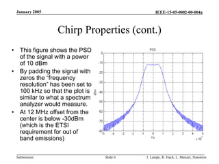 IEEE-15-05-0002-00-004a
Submission
January 2005
J. Lampe, R. Hach, L. Menzer, Nanotron
Slide 6
Chirp Properties (cont.)
• This figure shows the PSD
of the signal with a power
of 10 dBm
• By padding the signal with
zeros the “frequency
resolution” has been set to
100 kHz so that the plot is
similar to what a spectrum
analyzer would measure.
• At 12 MHz offset from the
center is below -30dBm
(which is the ETSI
requirement for out of
band emissions)
 