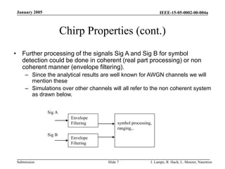 IEEE-15-05-0002-00-004a
Submission
January 2005
J. Lampe, R. Hach, L. Menzer, Nanotron
Slide 7
Chirp Properties (cont.)
• Further processing of the signals Sig A and Sig B for symbol
detection could be done in coherent (real part processing) or non
coherent manner (envelope filtering).
– Since the analytical results are well known for AWGN channels we will
mention these
– Simulations over other channels will all refer to the non coherent system
as drawn below.
Sig A
Envelope
Filtering
Envelope
Filtering
symbol processing,
ranging,..
Sig B
 