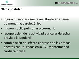 Otros postulan:

• injuria pulmonar directa resultante en edema
pulmonar no cardiogénico
• microembolia pulmonar o coronaria
• recuperación de la actividad auricular derecha
previa a la izquierda
• combinación del efecto depresor de las drogas
anestésicas utilizadas en la CVE y enfermedad
cardíaca previa

 