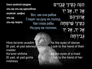 hинэ кеэйнэй авадим                  ‫הנֵה כעֵ ינֵי עֲ בָ דים‬
                                        ִ             ְׂ   ִ
эль-яд эль-яд адонэйhэм
кеэйнэй шифха
                                          ‫אֶ ל יַד, אֶ ל יַד‬
                   Вот, как очи рабов
эль-яд
                Глядят на руку их господ,       ‫אֲ דונֵיהֶ ם‬
                                                       ֹ
эль-яд гвирта
                    Как глаза рабы      ‫כעֵ ינֵי שיפחה‬
                                           ָ ְׂ ִ          ְׂ
                  На руку ее госпожи,
                                            ‫אֶ ל יַד, אֶ ל יַד‬
                                                  ‫גְׂ בירתה‬
                                                   ָ ְׂ ִ
Hine ke’enei avadim                As the eyes of slaves
El yad, el yad adoneyhem           Look to the hand of their
master
Ke’enei shifcha                   As the eyes of a maid
El yad, el yad gvirta             Look to the hand of her
mistress
 