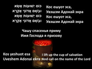 ‫כֹוס י ְשּועֹות אֶׁ שָׁ א‬    Кос ешуот эса,
       ָׁ       ַׁ         ֵׁ
     ‫ּובְשם אֲ דֹוני אֶׁ קְ רא‬     Увэшэм Адонай экра
      ‫כֹוס י ְשּועֹות אֶׁ שָׁ א‬    Кос ешуот эса,
          ָׁ       ַׁ
     ‫ּובְשם אֲ דֹוני אֶׁ קְ רא‬ֵׁ   Увэшэм Адонай экра

            Чашу спасенья приму
            Имя Господа я призову



Kos yeshuot esa     I lift up the cup of salvation
Uveshem Adonai ekra And call on the name of the Lord
 