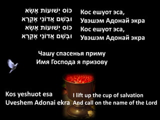 ‫כֹוס י ְשּועֹות אֶׁ שָׁ א‬    Кос ешуот эса,
       ָׁ       ַׁ         ֵׁ
     ‫ּובְשם אֲ דֹוני אֶׁ קְ רא‬     Увэшэм Адонай экра
      ‫כֹוס י ְשּועֹות אֶׁ שָׁ א‬    Кос ешуот эса,
          ָׁ       ַׁ
     ‫ּובְשם אֲ דֹוני אֶׁ קְ רא‬ֵׁ   Увэшэм Адонай экра

            Чашу спасенья приму
            Имя Господа я призову



Kos yeshuot esa     I lift up the cup of salvation
Uveshem Adonai ekra And call on the name of the Lord
 