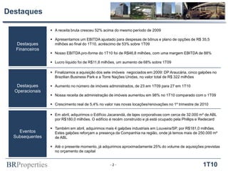 BRProperties 1T10
Destaques
- 2 -
Destaques
Financeiros
Destaques
Operacionais
 Finalizamos a aquisição dos sete imóveis negociados em 2009: DP Araucária, cinco galpões no
Brazilian Business Park e a Torre Nações Unidas, no valor total de R$ 322 milhões
 Aumento no número de imóveis administrados, de 23 em 1T09 para 27 em 1T10
 Nossa receita de administração de imóveis aumentou em 98% no 1T10 comparado com o 1T09
 Crescimento real de 5,4% no valor nas novas locações/renovações no 1º trimestre de 2010
 A receita bruta cresceu 52% acima do mesmo período de 2009
 Apresentamos um EBITDA ajustado para despesas de bônus e plano de opções de R$ 35,5
milhões ao final do 1T10, acréscimo de 53% sobre 1T09
 Nosso EBITDA pro-forma do 1T10 foi de R$46,8 milhões, com uma margem EBITDA de 88%
 Lucro líquido foi de R$11,8 milhões, um aumento de 68% sobre 1T09
Eventos
Subsequentes
 Em abril, adquirimos o Edifício Jacarandá, de lajes corporativas com cerca de 32.000 m² de ABL
por R$180,0 milhões. O edifício é recém construído e já está ocupado pela Phillips e Redecard
 Também em abril, adquirimos mais 4 galpões industriais em Louveira/SP, por R$181,0 milhões.
Estes galpões reforçam a presença da Companhia na região, onde já temos mais de 250.000 m²
de ABL
 Até o presente momento, já adquirimos aproximadamente 25% do volume de aquisições previstas
no orçamento de capital
 