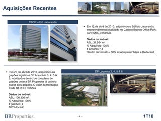 BRProperties 1T10
Aquisições Recentes
- 4 -
 Em 12 de abril de 2010, adquirimos o Edifício Jacarandá,
empreendimento localizado no Castelo Branco Office Park,
por R$180,0 milhões
Dados do Imóvel:
ABL: 31.954 m²
% Adquirido: 100%
# andares: 14
Recém construído - 50% locado para Philips e Redecard
 Em 20 de abril de 2010, adquirimos os
galpões logísticos DP Araucária 3, 4, 5 &
6, localizados dentro do complexo de
galpões onde a BR Properties já detinha
outros dois galpões. O valor da transação
foi de R$181,0 milhões
Dados do Imóvel:
ABL: 106.306 m²
% Adquirido: 100%
# galpões: 4
100% locado
CBOP – Ed. Jacarandá
DP Louveira 3, 4, 5 & 6
 