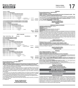 Diário Oficial
 GUARUJÁ
                                                                                                                                                  terça-feira
                                                                                                                                                  15 de maio de 2012
                                                                                                                                                                                       17
                                                                                                                                               DESPACHO
                                                                                                      Processo Administrativo nº 1460/3418/2012
                                                                                                      Pregão Presencial nº 21/2012.
                                                                                                      Objeto: Contratação de empresa para prestação de serviços de transporte escolar – freta-
                                                                                                      mento contínuo – de alunos da Rede Municipal de Ensino.
                                                                                                      I – A vista dos elementos de convicção que instruem o processo licitatório, e considerando a de-
                                                                                                      cisão do pregoeiro encarregado de conduzir e julgar o certame, informo a adjudicação do objeto
                                                                                                      do certame no valor global de R$ 950.000,00 (Novecentos e cinquenta mil reais), em nome da
                                                                                                      empresa YELLOW TOUR TURISMO E TRANSP. LTDA.
                                                                                                      II – Em ato contínuo, HOMOLOGO o certame. Publique-se.
                                                                                                                                       Guarujá, 07 de Maio de 2012
                                                                                                                                      MARIA ANTONIETA DE BRITO
                                                                                                                                                PREFEITA

                                                                                                                                      EXTRATO DE TERMO DE CONTRATO
                                                                                                      CONTRATO ADMINISTRATIVO N°. 100/2012
                                                                                                      PROCESSO N° 2669/942/2009
                                                                                                      CONVITE Nº 46/2012
                                                                                                      CONTRATANTE: PREFEITURA MUNICIPAL DE GUARUJÁ
                                                                                                      CONTRATADA: MANTOVANI & DAVANZO LTDA ME
                                                                                                      OBJETO: Construção de uma unidade de armazenamento e lavagem de máquinas de nebulização
                                                                                                      ambiental para Secretaria Municipal de Saúde. Valor R$ 97.986,77 (noventa e sete mil, novecentos
                                                                                                      e oitenta e seis reais e setenta e sete centavos). A fiscalização da execução deste contrato será
                                                                                                      exercida pela Prefeitura através da Secretaria Municipal de Desenvolvimento e Gestão Urbana na
                                                                                                      forma prevista no artigo 67 da Lei Federal nº 8666/93. Prazo de execução: 90 (noventa) dias, para
                                                                                                      início 05 (cinco) dias a contar da emissão da ordem de serviço; As despesas decorrentes da execu-
                                                                                                      ção deste contrato correrão por conta da Dotação Orçamentária nº: 16.01.10.305.1.001.2.162.4.4.9
                                                                                                      0.51.00 (2566); Data da assinatura: 03 de maio de 2012;

                                                                                                                                             TERMO DE RATIFICAÇÃO
                                                                                                                                      DISPENSA DE LICITAÇÃO Nº. 10/2012
                                                                                                      Processo nº 8601/71137/2012.
                                                                                                      Contratada: FUNDAÇÃO PROF DR. MANOEL PEDRO PIMENTEL FUNAP.
                                                                                                      Objeto: Contratação de Empresa para Recuperação de Conjuntos Escolares.
                                                                                                      Ratifico a Inexigibilidade de Licitação para contratação direta, com fundamento no Artigo 24, inci-
                                                                                                      so XIII, da Lei Federal nº. 8.666/93.
                                                                                                                                            Guarujá, 14 de maio de 2012.
                                                                                                                                          MARIA ANTONIETA DE BRITO
                                                                                                                                               Prefeita de Guarujá

                                                                                                                                                 DESPACHO
                                                                                                      Edital: TOMADA DE PREÇOS n.º 18/2011
                                                                                                      Processo Administrativo: 7222/125987/2011
                                                                                                      Objeto: Contratação de empresa para prestação de serviços topográficos.
                                                                                                      Em vista aos elementos constantes no processo quanto às análises efetuadas nas propostas apre-
                                                                                                      sentadas ao edital de Tomada de Preços 18/2011, decido CLASSIFICAR as empresas licitantes ha-
                                                                                                      bilitadas quanto os menores preços globais conforme segue:
                                                                                                      a) em 1º. lugar a empresa R&W PRESTAÇÃO DE SERVIÇOS TÉCNICOS DE TOPOGRAFIA S/S
                                                                                                      LTDA., com o valor global total de R$ 373.694,60 (trezentos e setenta e três mil, seiscentos e no-
                                                                                                      venta e quatro reais e sessenta centavos);
                                            DESPACHO                                                  b) em 2º. lugar a empresa RCC AGRIMENSURA TÉCNICA S/S LTDA., com o valor global total de
Processo Administrativo nº 4101/66673/2012                                                            R$ 510.032,60 (quinhentos e dez mil, trinta e dois reais e sessenta centavos); e
Pregão Presencial nº 10/2012                                                                          c) Deverá ser aberto prazo de 05 (cinco) dias úteis após a publicação da classificação para a apre-
Objeto: Contratação de empresa para fornecimento de licença de sistemas financeiros, admi-            sentação de recurso ao parecer e classificação da Comissão.
nistrativos e de Gestão (Business Intelligence), conforme Termo de Referencia no Anexo I.                                                Guarujá, 11 de maio de 2012.
I – Após análise dos relatórios de Demonstração Técnica das licitantes participantes do pregão                                           ARMANDO LUIZ PALMIERI
10/2012, a Comissão de Avaliação Técnica decidiu:                                                                                  Presidente da Comissão Permanente de
a) DESCLASSIFICAR as licitantes, avaliando que foram os requisitos atendidos de forma parcial,                                  Licitações de Obras e Serviços de Engenharia
tendo sido aprovadas apenas para o módulo de Business Intelligence (BI), e tendo sido reprovadas
no que tange aos módulos orçamentário, financeiro, contábil; patrimônio; compras e licitações
com pregão presencial; almoxarifado; e folha de pagamento, o que não satisfaz o interesse da
                                                                                                                                     Atos oficiais
Administração.                                                                                                                  secretarias municipais
II – Com fulcro no § 3º do artigo 48 da Lei 8.666/93, fixamos aos licitantes do pregão em epígrafe
o prazo de 08 (oito) dias úteis para nova demonstração técnica, conforme item 9.1.4.1.1. do Edital,                                    administração
tendo em vista a DESCLASSIFICAÇÃO de todas as licitantes na fase de Demonstração Técnica.
III – Fica designada a data de 28/05/2012, às 9h, para nova demonstração, nos seguintes termos:                                            EDITAL DE CONVOCAÇÃO
a) As licitantes receberão novos exercícios para demonstração;                                        A Prefeitura Municipal de Guarujá, Estado de São Paulo, através da Secretaria Municipal de Admi-
b) Fica estipulado o prazo máximo de 05 horas para execução total dos exercícios, já incluída a       nistração, convoca o Sr. GIVALDO FERREIRA DA SILVA – prontuario nº 14.394, para que no prazo
emissão dos relatórios.                                                                               de três (03) dias úteis a contar da publicação deste, compareça junto a Diretoria de Gestão de
IV – Publique-se.                                                                                     Pessoas (2º andar), desta Prefeitura Municipal, sito a Av. Santos Dumont, n° 640, Santo Antônio, no
                                   Guarujá, 14 de Maio de 2012                                        horário das 8 às 12 horas e das 15 às 18 horas para tomar ciência do que foi decidido no processo
                                    ADILSON CABRAL DA SILVA                                           administrativo nº 9.573/2012. O não comparecimento no prazo estipulado implicará em medidas
                                 Secretário Municipal de Finanças                                     administrativas que a Administração Publica julgar legal.
 