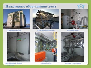 11
Инженерное оборудование дома
СОЛНЕЧНЫЕ БАТАРЕИ СОЛНЕЧНЫЕ КОЛЛЕКТОРЫ
ГАЗОВЫЙ КОТЕЛ
ТЕПЛОВОЙ НАСОС
СИСТЕМА РЕКУПЕРАЦИИЩИТ АВТОМАТИЧЕСКОГО
УПРАВЛЕНИЯ
 