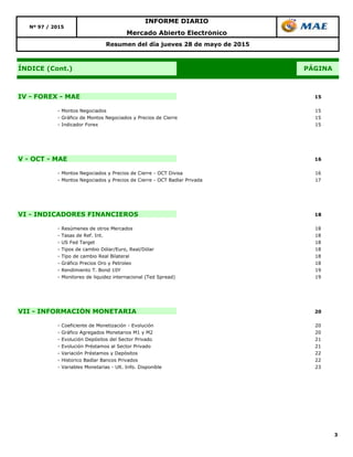 IV - FOREX - MAE
- Montos Negociados
- Gráfico de Montos Negociados y Precios de Cierre
- Indicador Forex
V - OCT - MAE
- Montos Negociados y Precios de Cierre - OCT Divisa
- Montos Negociados y Precios de Cierre - OCT Badlar Privada
VI - INDICADORES FINANCIEROS
- Resúmenes de otros Mercados
- Tasas de Ref. Int.
- US Fed Target
- Tipos de cambio Dólar/Euro, Real/Dólar
- Tipo de cambio Real Bilateral
- Gráfico Precios Oro y Petroleo
- Rendimiento T. Bond 10Y
- Monitoreo de liquidez internacional (Ted Spread)
VII - INFORMACIÓN MONETARIA
- Coeficiente de Monetización - Evolución
- Gráfico Agregados Monetarios M1 y M2
- Evolución Depósitos del Sector Privado
- Evolución Préstamos al Sector Privado
- Variación Préstamos y Depósitos
- Historico Badlar Bancos Privados
- Variables Monetarias - Ult. Info. Disponible
3
15
18
18
18
19
18
18
PÁGINA
15
15
15
Mercado Abierto Electrónico
18
18
Resumen del día jueves 28 de mayo de 2015
16
16
17
ÍNDICE (Cont.)
Nº 97 / 2015
INFORME DIARIO
22
23
20
19
20
21
21
20
22
 
