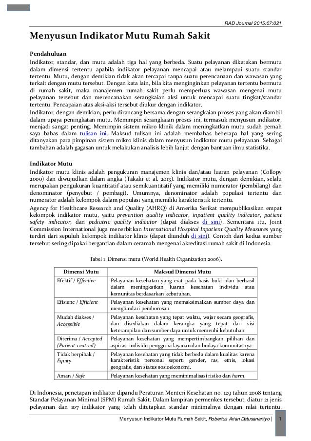 Menyusun Indikator  Mutu  Rumah  Sakit 