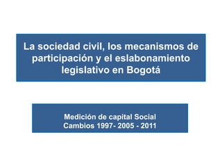 La sociedad civil, los mecanismos de
participación y el eslabonamiento
legislativo en Bogotá
Medición de capital Social
Cambios 1997- 2005 - 2011
 