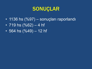 SONUÇLAR
• 1136 hs (%97) – sonuçları raporlandı
• 719 hs (%62) – 4 hf
• 564 hs (%49) – 12 hf
 