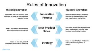 PORTFOLIORules of Innovation
Innovate in low-cost, feature poor
tech that an underserved customer
segment needs
Innovate where there is authentic
demand through rapid-fire, low-
cost experiments and fail fast
19
Innovation
Process
New-Product
Sales
Strategy
Reach out to early adopters and
later enter mainstream market
Reach out to multiple segments and
types of customers initially. Scale
business after finding traction
Focus on low cost, closest
customers or innovative products
Focus on real data from field work
with customers regardless of
history
Historic Innovation Tsunami Innovation
@KurtUhlir
 