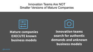 Innovation Teams Are NOT
Smaller Versions of Mature Companies
07
Mature companies
EXECUTE known
business models
Innovation teams
search for authentic
demands and unknown
business models
@KurtUhlir
 