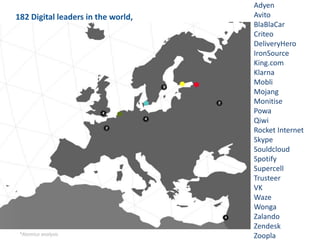 1*Atomico analysis
182 Digital leaders in the world,
Adyen
Avito
BlaBlaCar
Criteo
DeliveryHero
IronSource
King.com
Klarna
Mobli
Mojang
Monitise
Powa
Qiwi
Rocket Internet
Skype
Souldcloud
Spotify
Supercell
Trusteer
VK
Waze
Wonga
Zalando
Zendesk
Zoopla
 