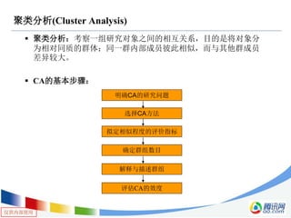 仅供内部使用
聚类分析(Cluster Analysis)
 聚类分析：考察一组研究对象之间的相互关系，目的是将对象分
为相对同质的群体；同一群内部成员彼此相似，而与其他群成员
差异较大。
 CA的基本步骤：
明确CA的研究问题
确定群组数目
选择CA方法
拟定相似程度的评价指标
评估CA的效度
解释与描述群组
 