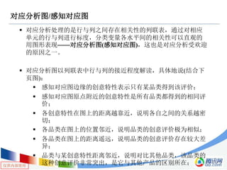 仅供内部使用
对应分析图/感知对应图
 对应分析处理的是行与列之间存在相关性的列联表，通过对相应
单元的行与列进行标度，分类变量各水平间的相关性可以直观的
用图形表现——对应分析图(感知对应图)，这也是对应分析受欢迎
的原因之一。
 对应分析图以列联表中行与列的接近程度解读，具体地说(结合下
页图)：
 感知对应图边缘的创意特性表示只有某品类得到该评价；
 感知对应图原点附近的创意特性是所有品类都得到的相同评
价；
 各创意特性在图上的距离越靠近，说明各自之间的关系越密
切；
 各品类在图上的位置邻近，说明品类的创意评价极为相似；
 各品类在图上的距离遥远，说明品类的创意评价存在较大差
异；
 品类与某创意特性距离邻近，说明对比其他品类，该品类的
这种创意评价非常突出，是它与其他产品的区别所在；
 