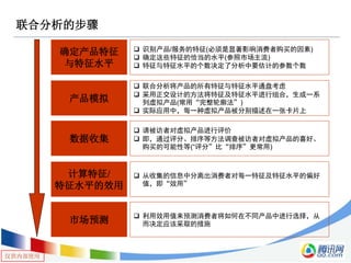 仅供内部使用
联合分析的步骤
确定产品特征
与特征水平
 识别产品/服务的特征(必须是显著影响消费者购买的因素)
 确定这些特征的恰当的水平(参照市场主流)
 特征与特征水平的个数决定了分析中要估计的参数个数
产品模拟
 联合分析将产品的所有特征与特征水平通盘考虑
 采用正交设计的方法将特征及特征水平进行组合，生成一系
列虚拟产品(常用“完整轮廓法”)
 实际应用中，每一种虚拟产品被分别描述在一张卡片上
数据收集
 请被访者对虚拟产品进行评价
 即，通过评分、排序等方法调查被访者对虚拟产品的喜好、
购买的可能性等(“评分”比“排序”更常用)
计算特征/
特征水平的效用
 从收集的信息中分离出消费者对每一特征及特征水平的偏好
值，即“效用”
市场预测  利用效用值来预测消费者将如何在不同产品中进行选择，从
而决定应该采取的措施
 