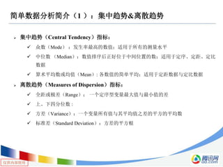 仅供内部使用
简单数据分析简介（1 ）：集中趋势&离散趋势
 集中趋势（Central Tendency）指标：
 众数（Mode） ：发生率最高的数值；适用于所有的测量水平
 中位数 （Median）：数值排序后正好位于中间位置的数；适用于定序、定距、定比
数据
 算术平均数或均值（Mean）: 各数值的简单平均；适用于定距数据与定比数据
 离散趋势（Measures of Dispersion）指标：
 全距或极差（Range）： 一个定序型变量最大值与最小值的差
 上、下四分位数 :
 方差（Variance）：一个变量所有值与其平均值之差的平方的平均数
 标准差（Standard Deviation）：方差的平方根
 