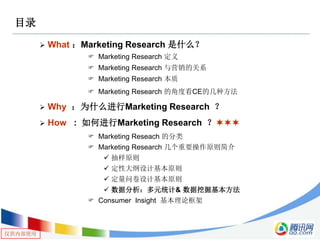 仅供内部使用
目录
 What ：Marketing Research 是什么？
 Marketing Research 定义
 Marketing Research 与营销的关系
 Marketing Research 本质
 Marketing Research 的角度看CE的几种方法
 Why ：为什么进行Marketing Research ？
 How : 如何进行Marketing Research ？
 Marketing Reseach 的分类
 Marketing Research 几个重要操作原则简介
 抽样原则
 定性大纲设计基本原则
 定量问卷设计基本原则
 数据分析：多元统计& 数据挖掘基本方法
 Consumer Insight 基本理论框架
 