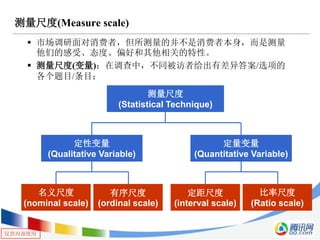 仅供内部使用
 市场调研面对消费者，但所测量的并不是消费者本身，而是测量
他们的感受、态度、偏好和其他相关的特性。
 测量尺度(变量)：在调查中，不同被访者给出有差异答案/选项的
各个题目/条目；
测量尺度(Measure scale)
测量尺度
(Statistical Technique)
定性变量
(Qualitative Variable)
定量变量
(Quantitative Variable)
名义尺度
(nominal scale)
有序尺度
(ordinal scale)
定距尺度
(interval scale)
比率尺度
(Ratio scale)
 