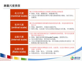 仅供内部使用
测量尺度类型
名义尺度
(nominal scale)
数字只用做对事物进行识别和分类的标志和标签
 例如：性别，婚姻状况，国籍/城市等；
 只允许计算有限的以频率计数为基础的统计指标，如百分比、
众数等；
有序尺度
(ordinal scale)
数字代表事物拥有某种属性的相对程度/位置，但没有指明差别
的大小
 例如：偏好排序，市场/行业地位等；
 频率计数，以及基于分位点的统计指标(百分位数，中位数等)
定距尺度
(interval scale)
尺度上数字相等的距离代表了被测特性的相等值，即可以比较事
物之间差别的大小
 例如：偏好/态度量表(5-scale/7-scale)，重要性评分；
 零点位置不固定，即尺度可以变换；
 可以计算通常使用的统计量，但尺度值之间的比率及其它一些
特殊统计量不适合计算；
比率尺度
(Ratio scale)
可以依据尺度值对事物进行分类、比较等，以及计算相互之间的
差值、比率等
 例如：年龄，收入，工作年数，花费等；
 有绝对零点，可以计算所有统计量；
 