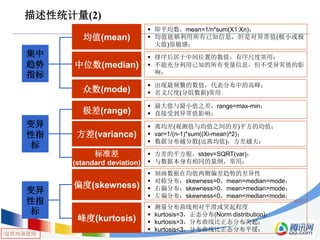 仅供内部使用
描述性统计量(2)
均值(mean)
中位数(median)
众数(mode)
极差(range)
方差(variance)
标准差
(standard deviation)
偏度(skewness)
峰度(kurtosis)
集中
趋势
指标
 即平均数，mean=1/n*sum(X1:Xn)；
 均值能够利用所有已知信息，但是对异常值(极小或极
大值)很敏感；
 排序后居于中间位置的数值，有序尺度常用；
 不能充分利用已知的所有变量信息，但不受异常值的影
响；
 出现最频繁的数值，代表分布中的高峰；
 名义尺度(分组数据)常用
变异
性指
标
 最大值与最小值之差，range=max-min；
 直接受到异常值影响；
 离均差(观测值与均值之间的差)平方的均值；
 var=1/(n-1)*sum((Xi-mean)^2)；
 数据分布越分散(远离均值)，方差越大；
 方差的平方根，stdev=SQRT(var)；
 与数据本身有相同的量纲，常用；
 刻画数据在均值两侧偏差趋势的差异性
 对称分布：skewness=0，mean=median=mode；
 右偏分布：skewness>0，mean>median>mode；
 左偏分布：skewness<0，mean<median<mode；
变异
性指
标
 测量分布曲线相对平滑或突起程度
 kurtosis=3，正态分布(Norm distribution)；
 kurtosis>3，分布曲线比正态分布突起；
 kurtosis<3，分布曲线比正态分布平缓；
 