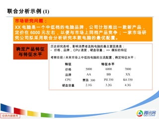仅供内部使用
联合分析示例 (1)
市场研究问题：
XX 电脑是一个中低档的电脑品牌，公司计划推出一款新产品，
定价在 6000 元左右，以便与市场上同档产品竞争；一家市场研
究公司拟采用联合分析研究本款电脑的最优配置。
确定产品特征
与特征水平
历史研究表明，影响消费者选购电脑的最主要因素是：
- 价格，品牌， CPU 速度，硬盘容量； => 模拟的特征
考察目前 / 未来市场上中低挡电脑的主流配置，确定特征水平：
特征 特征水平
价格 5000 6000 7000
品牌 AA BB XX
CPU 赛扬 300 PII 350 K6 350
硬盘容量 2.1G 3.2G 4.3G
 