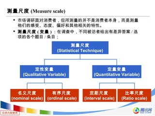 仅供内部使用
 市场调研面对消费者，但所测量的并不是消费者本身，而是测量
他们的感受、态度、偏好和其他相关的特性。
 测量尺度 ( 变量 ) ：在调查中，不同被访者给出有差异答案 / 选
项的各个题目 / 条目；
测量尺度 (Measure scale)
测量尺度
(Statistical Technique)
定性变量
(Qualitative Variable)
定量变量
(Quantitative Variable)
名义尺度
(nominal scale)
有序尺度
(ordinal scale)
定距尺度
(interval scale)
比率尺度
(Ratio scale)
 