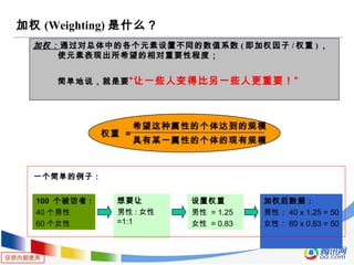 仅供内部使用
加权 (Weighting) 是什么？
希望这种属性的个体达到的规模
具有某一属性的个体的现有规模
权重 =
加权：通过对总体中的各个元素设置不同的数值系数 ( 即加权因子 / 权重 ) ，
使元素表现出所希望的相对重要性程度；
简单地说，就是要“让一些人变得比另一些人更重要！”
100 个被访者 :
40 个男性
60 个女性
想要让
男性 : 女性
=1:1
设置权重
男性 = 1.25
女性 = 0.83
加权后数据：
男性： 40 x 1.25 = 50
女性： 60 x 0.83 = 50
一个简单的例子：
 
