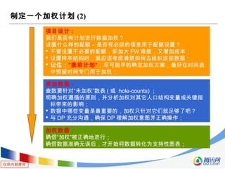 仅供内部使用
制定一个加权计划 (2)
项目设计 :
我们是否有计划进行数据加权？
设置什么样的配额 – 是否有必须的信息用于配额设置 ?
 不要设置不必要的配额，即加大 FW 难度，又增加成本；
 设置样本结构时，就应该考虑清楚如何去组织这些数据；
 记住：“提前计划”，尽可能早的确定加权方案，最好在时间表
中预留时间专门用于加权；
原始数据 :
查数要针对“未加权”数表 ( 或 hole-counts) ；
明确加权遵循的原则，并分析加权对其它人口结构变量或关键指
标带来的影响；
 数据中哪些变量是最重要的，加权只针对它们就足够了吧？
 与 DP 充分沟通，确保 DP 理解加权意图并正确操作；
加权数据 :
确信“加权”被正确地进行；
确信数据准确无误后，才开始将数据转化为支持性图表；
 