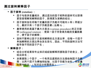 仅供内部使用
通过旋转解释因子
 因子旋转 (rotation) ：
 因子与很多变量相关，通过适当的因子矩阵的旋转可以获得
更容易理解和解释的因子，获得更为准确的结论；
 因子旋转旨在将每个变量的因子负载尽可能向 0 和 1 两极分
化，最好只有 1 个因子负载显著 ( 远离 0) ；
 最常使用的是基于最大方差法 (varimax procedure) 的正交旋
转 (orthogonal rotation) ：使某一因子所含高负载的变量数最
小，便于因子的解释；
 旋转不影响公因子方差和解释的总方差比率，但每一个因子
单独解释的方差比率会发生变化，因此，不同的旋转方法可
能导致不同的因子产生；
 解释因子：
 结合分析结果和专业知识或经验解释所提取因子的含义，并
给出命名；
 如果提取 2 个因子，一个有用且直观的方法是绘制因子负载
图：以两个因子为横轴和纵轴，以因子负载为坐标，将变量
在图中标出； ( 与对应分析图类似 )
 