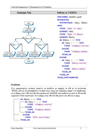 Ανάπτυξη Εφαρμογών σε Προγραμματιστικό Περιβάλλον
Νίκος Μιχαηλίδης http://users.sch.gr/nikmichailidis 3
Διάγραμμα Ροής Κώδικας σε ΓΛΩΣΣΑ
ΠΡΟΓΡΑΜΜΑ Παράδειγμα6
ΜΕΤΑΒΛΗΤΕΣ
ΠΡΑΓΜΑΤΙΚΕΣ: ύψος, βάρος
ΑΡΧΗ
ΓΡΑΨΕ 'Δώσε το ύψος'
ΔΙΑΒΑΣΕ ύψος
ΓΡΑΨΕ 'Δώσε το βάρος'
ΔΙΑΒΑΣΕ βάρος
ΑΝ βάρος < 80 ΤΟΤΕ
ΑΝ ύψος < 1.70 ΤΟΤΕ
ΓΡΑΨΕ 'ελαφρύς-κοντός'
ΑΛΛΙΩΣ
ΓΡΑΨΕ 'ελαφρύς-ψηλός'
ΤΕΛΟΣ_ΑΝ
ΑΛΛΙΩΣ
ΑΝ ύψος < 1.70 ΤΟΤΕ
ΓΡΑΨΕ 'βαρύς-κοντός'
ΑΛΛΙΩΣ
ΓΡΑΨΕ 'βαρύς-ψηλός'
ΤΕΛΟΣ_ΑΝ
ΤΕΛΟΣ_ΑΝ
ΤΕΛΟΣ_ΠΡΟΓΡΑΜΜΑΤΟΣ
Επεξήγηση
Στις εμφωλευμένες επιλογές μπορείτε να συνδέετε με γραμμές τα ΑΝ με τα αντίστοιχα
ΤΕΛΟΣ_ΑΝ για να καταλαβαίνετε τη δομή τους, όπως στο παρακάτω σχήμα. Για παράδειγμα,
αν το βάρος είναι >=80 τότε θα πάτε αμέσως στο ΑΛΛΙΩΣ που συνδέετε με αυτό το ΑΝ και θα
εμφανιστεί ‘Άλλη περίπτωση’. Αν το βάρος είναι <80 τότε θα μπείτε στο ΑΝ για το ύψος.
ΑΝ βάρος < 80 ΤΟΤΕ
ΑΝ ύψος < 1.70 ΤΟΤΕ
ΓΡΑΨΕ 'ελαφρύς-κοντός'
ΑΛΛΙΩΣ
ΓΡΑΨΕ 'ελαφρύς-ψηλός'
ΤΕΛΟΣ_ΑΝ
ΑΛΛΙΩΣ
ΓΡΑΨΕ 'Άλλη περίπτωση'
ΤΕΛΟΣ_ΑΝ
 
