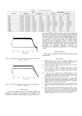 TABLE I.          TRANSISTORS ASPECT RATIO
                                                          OTA                                                           Current Buffer
            ELEMENT                      Proposed                      conventional                      Proposed                      conventional
                                     W              L              W                  L             W               L              W                  L
       M1                        0.36 µm      0.18 µm       NA                NA                NA           NA               NA              NA
       M2                        0.36 µm      0.18 µm       NA                NA                NA           NA               NA              NA
       Md1                       27 µm        0.18 µm       NA                NA                NA           NA               NA              NA
       Md2                       27 µm        0.18 µm       NA                NA                NA           NA               NA              NA
       Mc1                       5.4 µm       0.54 µm       5.4 µm            0.54 µm           5.4 µm       0.54 µm          5.4 µm          0.54 µm
       Mc2                       5.4 µm       0.54 µm       5.4 µm            0.54 µm           5.4 µm       0.54 µm          5.4 µm          0.54 µm
       Mm1                       3.6 µm       0.54 µm       3.6 µm            0.54 µm           3.6 µm       0.54 µm          3.6 µm          0.54 µm
       Mm2                       3.6 µm       0.54 µm       3.6 µm            0.54 µm           3.6 µm       0.54 µm          3.6 µm          0.54 µm
       MI1                       3.6 µm       0.18 µm       3.6 µm            0.18 µm           NA           NA               NA              NA
       MI2                       3.6 µm       0.18 µm       3.6 µm            0.18 µm           NA           NA               NA              NA
       Mmp1                      2.7 µm       0.54 µm       2.7 µm            0.54 µm           NA           NA               NA              NA
       Mmp2                      2.7 µm       0.54 µm       2.7 µm            0.54 µm           NA           NA               NA              NA

                                                                                  and cause CMRR to improve in these circuits. This simple and
                                                                                  high effective circuit uses common mode deviating technique
                                                                                  to improve CMRR while preserves CMRR bandwidth which is
                                                                                  a novel technique in order to improve CMRR. Application of
                                                                                  this structure on both current buffer and folded cascode
                                                                                  structures are shown. Simulation results in TSMC 0.18µm
                                                                                  CMOS technology with HSPICE are presented to demonstrate
                                                                                  the validity of the proposed circuit. Mont Carlo analysis is
                                                                                  performed for simulating fabrication condition and
                                                                                  corroborated the appropriate performance of the proposed
                                                                                  circuit.

                                                                                                              ACKNOWLEDGMENT
                                                                                     This work is supported by Islamic Azad University, West
                                                                                  Tehran branch.

Figure 7. Monte Carlo analysis of conventional and proposed current buffer.                                         REFERENCES
                        - -) Simple. - ) Proposed
                                                                                  [1]     Shahram Minaei ,I. Cem. Go¨ knar, Oguzhan Cicekoglu, "A new
                                                                                          differential configuration suitable for realization of high CMRR, all-
                                                                                          pass/notch filters," Springer-Verlag, p. 317–326, May 2005.
                                                                                  [2]     Allen PE, Holberg DR, CMOS analog circuit design, 2, Ed. New York:
                                                                                          Oxford University Press, 2002.
                                                                                  [3]     C.-G. Yu and R. L. Geiger, "Nonideality consideration for high-
                                                                                          precision amplifiers—Analysis of random common-mode rejection
                                                                                          ratio," IEEE Trans. Circuits Syst. I, Fundam. Theory Appl., vol. 40, no.
                                                                                          1, p. 1–12, Jan. 1993.
                                                                                  [4]     F. You, S. H. K. Embabi, and E. Sanchez-Sinencio, "On the
                                                                                          commonmode rejection ratio in low voltage operational amplifiers with
                                                                                          complementary N-P input pairs," IEEE Trans. Circuits Syst. II, Analog
                                                                                          Digit.Signal Process., vol. 44, no. 8, p. 678–683, 1997.
                                                                                  [5]     Vadim Ivanov, Junlin Zhou, and Igor M. Filanovsky, "A 100-dB CMRR
                                                                                          CMOS Operational Amplifier With Single-Supply Capability," IEEE
                                                                                          TRANSACTIONS ON CIRCUITS AND SYSTEMS—II: EXPRESS
                                                                                          BRIEFS, vol. 54, no. 5, pp. 397-401, May 2005.
                                                                                  [6]     Vadim Ivanov, Junlin Zhou, Igor Filanovsky, "A 100 dB CMRR CMOS
Figure 8. Monte Carlo analyses of conventional and proposed folded OTA. -                 Operational Amplifier With Single-Supply Capability," IEEE., pp. 9-12,
                         -) Simple. - ) Proposed                                          2004.
                                                                                  [7]     Jaime Rámirez-Angulo, Sandhana Balasubramanian, Antonio J. López-
                                                                                          Martin, and Ramón G. Carvajal, "Low Voltage Differential Input Stage
                           I.    CONCLUSION                                               With Improved CMRR and True Rail-to-Rail Common Mode Input
    A novel and simple structure for improving CMRR was                                   Range," IEEE TRANSACTIONS ON CIRCUITS AND SYSTEMS—II:
                                                                                          EXPRESS BRIEFS, vol. 55, no. 12, pp. 1229-1233, Dec. 2008
introduced. As shown, this structure can be added to the
circuitries like folded cascode amplifier, current buffers, etc.;
 