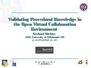 1
Inte llig e nt Syste m s Track
@ ISCRAM20 1 3
Validating Procedural Knowledge inValidating Procedural Knowledge in
the Open Virtual Collaborationthe Open Virtual Collaboration
EnvironmentEnvironment
Gerhard WicklerGerhard Wickler
AIAI, University of Edinburgh, UKAIAI, University of Edinburgh, UK
g.wickler@ed.ac.ukg.wickler@ed.ac.uk
 