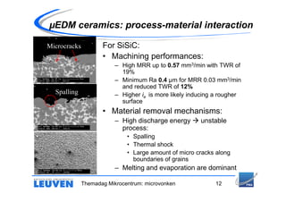 µEDM ceramics: process-material interaction

Microcracks          For SiSiC:
                     • Machining performances:
                          – High MRR up to 0.57 mm3/min with TWR of
                            19%
                          – Minimum Ra 0.4 µm for MRR 0.03 mm3/min
                            and reduced TWR of 12%
  Spalling                – Higher ie is more likely inducing a rougher
                            surface
                     • Material removal mechanisms:
                          – High discharge energy       unstable
                            process:
                              • Spalling
                              • Thermal shock
                              • Large amount of micro cracks along
                                boundaries of grains
                          – Melting and evaporation are dominant

              Themadag Mikrocentrum: microvonken             12
 