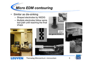 Micro EDM contouring
• Similar as die-sinking
   – Shaped electrodes by WEDG
   – Multiple electrodes follow same
     tool path until reaching the final
     shape




               Themadag Mikrocentrum: microvonken   5
 