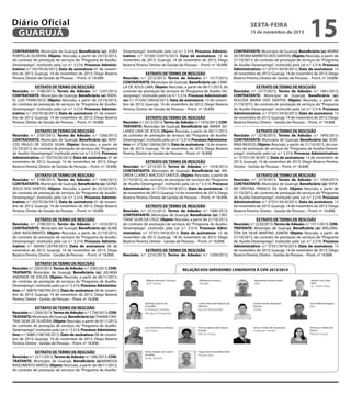 Diário Oficial
GUARUJÁ
CONTRATANTE: Município de Guarujá; Beneficiário (a): JOÃO
PORTELLA OLIVEIRA; Objeto: Rescisão, a partir de 23/10/2013,
do contrato de prestação de serviços do “Programa de AuxílioDesemprego”, instituído pela Lei n.º 3.314; Processo Administrativo: n.º 35570/26/2013; Data de assinatura: 01 de novembro de 2013; Guarujá, 14 de novembro de 2013; Diego Bezerra
Pereira; Diretor de Gestão de Pessoas – Pront. nº 18.898.
EXTRATO DE TERMO DE RESCISÃO
Rescisão: n.º 2186/2013; Termo de Adesão: n.º 1247/2013;
CONTRATANTE: Município de Guarujá; Beneficiário (a): RAFAEL LUIS FRANCISCO; Objeto: Rescisão, a partir de 23/10/2013,
do contrato de prestação de serviços do “Programa de AuxílioDesemprego”, instituído pela Lei n.º 3.314; Processo Administrativo: n.º 35570/26/2013; Data de assinatura: 01 de novembro de 2013; Guarujá, 14 de novembro de 2013; Diego Bezerra
Pereira; Diretor de Gestão de Pessoas – Pront. nº 18.898.
EXTRATO DE TERMO DE RESCISÃO
Rescisão: n.º 2187/2013; Termo de Adesão: n.º 1206/2013;
CONTRATANTE: Município de Guarujá; Beneficiário (a): MARCOS PAULO DE SOUZA SILVA; Objeto: Rescisão, a partir de
23/10/2013, do contrato de prestação de serviços do “Programa
de Auxílio-Desemprego”, instituído pela Lei n.º 3.314; Processo
Administrativo: n.º 35570/26/2013; Data de assinatura: 01 de
novembro de 2013; Guarujá, 14 de novembro de 2013; Diego
Bezerra Pereira; Diretor de Gestão de Pessoas – Pront. nº 18.898.
EXTRATO DE TERMO DE RESCISÃO
Rescisão: n.º 2188/2013; Termo de Adesão: n.º 1646/2013;
CONTRATANTE: Município de Guarujá; Beneficiário (a): SIDNEI
JESUS DOS SANTOS; Objeto: Rescisão, a partir de 23/10/2013,
do contrato de prestação de serviços do “Programa de AuxílioDesemprego”, instituído pela Lei n.º 3.314; Processo Administrativo: n.º 35570/26/2013; Data de assinatura: 01 de novembro de 2013; Guarujá, 14 de novembro de 2013; Diego Bezerra
Pereira; Diretor de Gestão de Pessoas – Pront. nº 18.898.
EXTRATO DE TERMO DE RESCISÃO
Rescisão: n.º 2190/2013; Termo de Adesão: n.º 1410/2013;
CONTRATANTE: Município de Guarujá; Beneficiário (a): ALINE
LIMA NASCIMENTO; Objeto: Rescisão, a partir de 31/10/2013,
do contrato de prestação de serviços do “Programa de AuxílioDesemprego”, instituído pela Lei n.º 3.314; Processo Administrativo: n.º 36040/120794/2013; Data de assinatura: 06 de
novembro de 2013; Guarujá, 14 de novembro de 2013; Diego
Bezerra Pereira; Diretor - Gestão de Pessoas – Pront. nº 18.898.
EXTRATO DE TERMO DE RESCISÃO
Rescisão: n.º 2203/2013; Termo de Adesão: n.º 2285/2013; CONTRATANTE: Município de Guarujá; Beneficiário (a): JULIANA
ANDRADE DE SOUZA; Objeto: Rescisão, a partir de 06/11/2013,
do contrato de prestação de serviços do “Programa de AuxílioDesemprego”, instituído pela Lei n.º 3.314; Processo Administrativo: n.º 36879/186749/2013; Data de assinatura: 08 de novembro de 2013; Guarujá, 14 de novembro de 2013; Diego Bezerra
Pereira; Diretor - Gestão de Pessoas – Pront. nº 18.898.
EXTRATO DE TERMO DE RESCISÃO
Rescisão: n.º 2204/2013; Termo de Adesão: n.º 1736/2013; CONTRATANTE: Município de Guarujá; Beneficiário (a): THAINA CRISTINA SILVA DE OLIVEIRA; Objeto: Rescisão, a partir de 6/11/2013,
do contrato de prestação de serviços do “Programa de AuxílioDesemprego”, instituído pela Lei n.º 3.314; Processo Administrativo: n.º 36881/186749/2013; Data de assinatura: 08 de novembro de 2013; Guarujá, 14 de novembro de 2013; Diego Bezerra
Pereira; Diretor - Gestão de Pessoas – Pront. nº 18.898.
EXTRATO DE TERMO DE RESCISÃO
Rescisão: n.º 2211/2013; Termo de Adesão: n.º 506/2013; CONTRATANTE: Município de Guarujá; Beneficiário (a):VANESSA
NASCIMENTO MATOS; Objeto: Rescisão, a partir de 06/11/2013,
do contrato de prestação de serviços do “Programa de Auxílio-

sexta-feira

15 de novembro de 2013

Desemprego”, instituído pela Lei n.º 3.314; Processo Administrativo: n.º 37330/125915/2013; Data de assinatura: 13 de
novembro de 2013; Guarujá, 14 de novembro de 2013; Diego
Bezerra Pereira; Diretor de Gestão de Pessoas – Pront. nº 18.898.
EXTRATO DE TERMO DE RESCISÃO
Rescisão: n.º 2212/2013; Termo de Adesão: n.º 1517/2013;
CONTRATANTE: Município de Guarujá; Beneficiário (a): CAMILA DE JESUS LIMA; Objeto: Rescisão, a partir de 06/11/2013, do
contrato de prestação de serviços do “Programa de Auxílio-Desemprego”, instituído pela Lei n.º 3.314; Processo Administrativo: n.º 37326/126056/2013; Data de assinatura: 13 de novembro de 2013; Guarujá, 14 de novembro de 2013; Diego Bezerra
Pereira; Diretor de Gestão de Pessoas – Pront. nº 18.898.
EXTRATO DE TERMO DE RESCISÃO
Rescisão: n.º 2213/2013; Termo de Adesão: n.º 1476/2013; CONTRATANTE: Município de Guarujá; Beneficiário (a): MARIA SOLANGE LIMA DE JESUS; Objeto: Rescisão, a partir de 06/11/2013,
do contrato de prestação de serviços do “Programa de AuxílioDesemprego”, instituído pela Lei n.º 3.314; Processo Administrativo: n.º 37326/126056/2013; Data de assinatura: 13 de novembro de 2013; Guarujá, 14 de novembro de 2013; Diego Bezerra
Pereira; Diretor de Gestão de Pessoas – Pront. nº 18.898.
EXTRATO DE TERMO DE RESCISÃO
Rescisão: n.º 2214/2013; Termo de Adesão: n.º 1418/2013;
CONTRATANTE: Município de Guarujá; Beneficiário (a): ANDRÉIA CLARICE MACEDO SANTOS; Objeto: Rescisão, a partir de
21/10/2013, do contrato de prestação de serviços do “Programa
de Auxílio-Desemprego”, instituído pela Lei n.º 3.314; Processo
Administrativo: n.º 37331/3418/2013; Data de assinatura: 13
de novembro de 2013; Guarujá, 14 de novembro de 2013; Diego
Bezerra Pereira; Diretor de Gestão de Pessoas – Pront. nº 18.898.
EXTRATO DE TERMO DE RESCISÃO
Rescisão: n.º 2215/2013; Termo de Adesão: n.º 1086/2013;
CONTRATANTE: Município de Guarujá; Beneficiário (a): CRISTIANE SILVA DA CRUZ; Objeto: Rescisão, a partir de 21/10/2013,
do contrato de prestação de serviços do “Programa de AuxílioDesemprego”, instituído pela Lei n.º 3.314; Processo Administrativo: n.º 37331/3418/2013; Data de assinatura: 13 de
novembro de 2013; Guarujá, 14 de novembro de 2013; Diego
Bezerra Pereira; Diretor - Gestão de Pessoas – Pront. nº 18.898.
EXTRATO DE TERMO DE RESCISÃO
Rescisão: n.º 2216/2013; Termo de Adesão: n.º 1209/2013;

15

CONTRATANTE: Município de Guarujá; Beneficiário (a): MARIA
DE FÁTIMA BARRETO DOS SANTOS; Objeto: Rescisão, a partir de
21/10/2013, do contrato de prestação de serviços do “Programa
de Auxílio-Desemprego”, instituído pela Lei n.º 3.314; Processo
Administrativo: n.º 37331/3418/2013; Data de assinatura: 13
de novembro de 2013; Guarujá, 14 de novembro de 2013; Diego
Bezerra Pereira; Diretor de Gestão de Pessoas – Pront. nº 18.898.
EXTRATO DE TERMO DE RESCISÃO
Rescisão: n.º 2217/2013; Termo de Adesão: n.º 1481/2013;
CONTRATANTE: Município de Guarujá; Beneficiário (a):
NULCÉIA MARIA DOS SANTOS; Objeto: Rescisão, a partir de
21/10/2013, do contrato de prestação de serviços do “Programa
de Auxílio-Desemprego”, instituído pela Lei n.º 3.314; Processo
Administrativo: n.º 37331/3418/2013; Data de assinatura: 13
de novembro de 2013; Guarujá, 14 de novembro de 2013; Diego
Bezerra Pereira; Diretor - Gestão de Pessoas – Pront. nº 18.898.
EXTRATO DE TERMO DE RESCISÃO
Rescisão: n.º 2218/2013; Termo de Adesão: n.º 1495/2013;
CONTRATANTE: Município de Guarujá; Beneficiário (a): SEVERINA BASÍLIO; Objeto: Rescisão, a partir de 21/10/2013, do contrato de prestação de serviços do “Programa de Auxílio-Desemprego”, instituído pela Lei n.º 3.314; Processo Administrativo:
n.º 37331/3418/2013; Data de assinatura: 13 de novembro de
2013; Guarujá, 14 de novembro de 2013; Diego Bezerra Pereira;
Diretor - Gestão de Pessoas – Pront. nº 18.898.
EXTRATO DE TERMO DE RESCISÃO
Rescisão: n.º 2219/2013; Termo de Adesão: n.º 1509/2013;
CONTRATANTE: Município de Guarujá; Beneficiário (a): VIVIANE CRISTINA FRANCO DA SILVA; Objeto: Rescisão, a partir de
21/10/2013, do contrato de prestação de serviços do “Programa
de Auxílio-Desemprego”, instituído pela Lei n.º 3.314; Processo
Administrativo: n.º 37331/3418/2013; Data de assinatura: 13
de novembro de 2013; Guarujá, 14 de novembro de 2013; Diego
Bezerra Pereira; Diretor - Gestão de Pessoas – Pront. nº 18.898.
EXTRATO DE TERMO DE RESCISÃO
Rescisão: n.º 2220/2013; Termo de Adesão: n.º 1511/2013; CONTRATANTE: Município de Guarujá; Beneficiário (a): WELLINGTON DA SILVA MARTINS JUNIOR; Objeto: Rescisão, a partir de
21/10/2013, do contrato de prestação de serviços do “Programa
de Auxílio-Desemprego”, instituído pela Lei n.º 3.314; Processo
Administrativo: n.º 37331/3418/2013; Data de assinatura: 13
de novembro de 2013; Guarujá, 14 de novembro de 2013; Diego
Bezerra Pereira; Diretor - Gestão de Pessoas – Pront. nº 18.898.

RELAÇÃO DOS SERVIDORES CANDIDATOS à CIPA 2013/2014

 