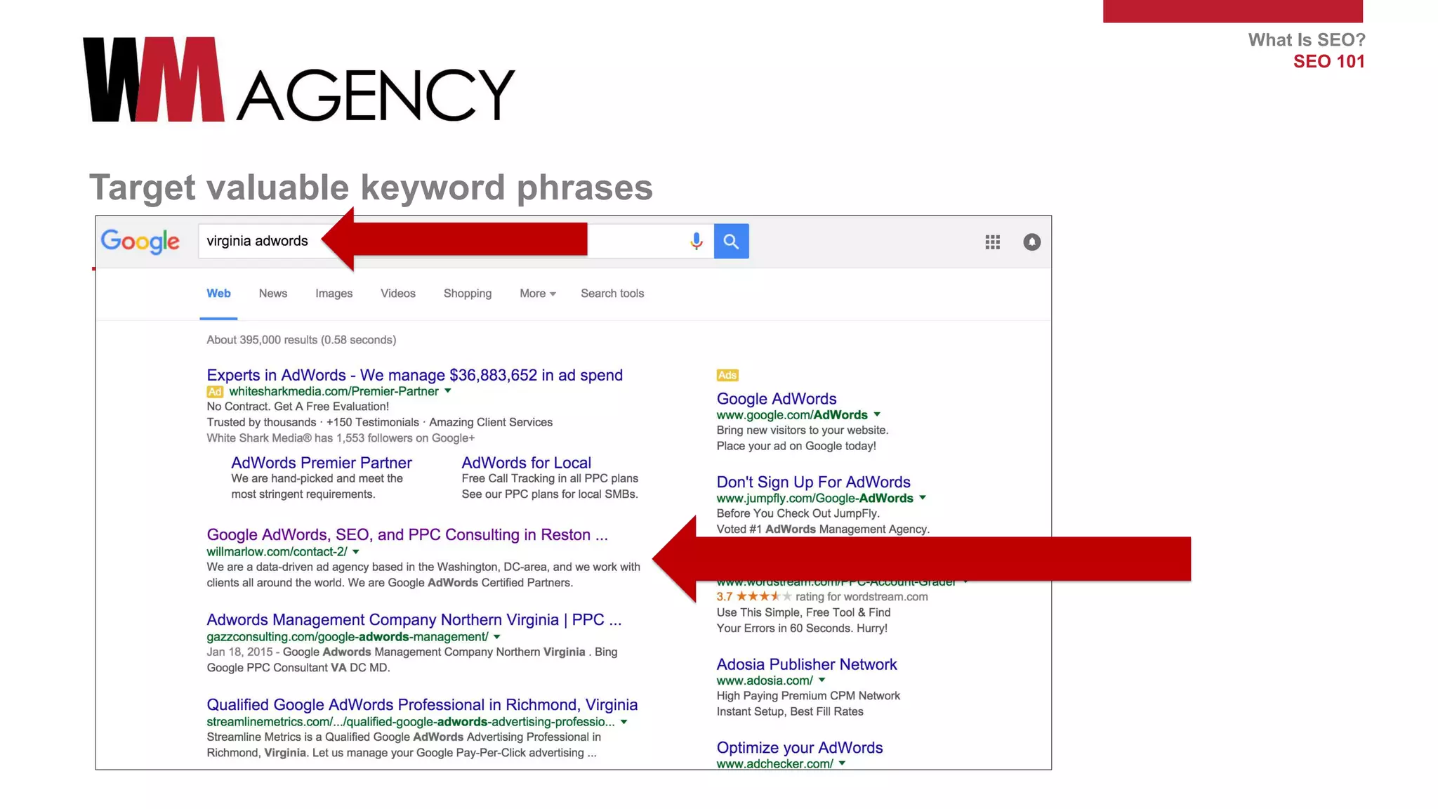 What Is SEO?
SEO 101
Target valuable keyword phrases
 Triggering Traffic To Key Pages On Your Website
 