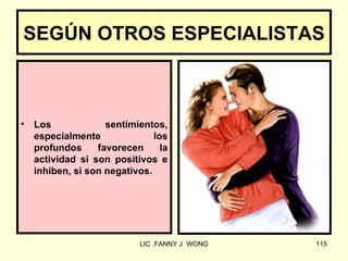 SEGÚN OTROS ESPECIALISTAS



•   Los             sentimientos,
    especialmente              los
    profundos     favorecen      la
    actividad si son positivos e
    inhiben, si son negativos.




                            LIC .FANNY J WONG   115
 
