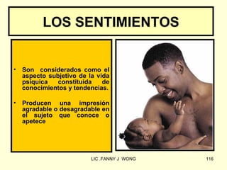 LOS SENTIMIENTOS


•   Son considerados como el
    aspecto subjetivo de la vida
    psíquica   constituida    de
    conocimientos y tendencias.

•   Producen una impresión
    agradable o desagradable en
    el sujeto que conoce o
    apetece




                          LIC .FANNY J WONG   116
 