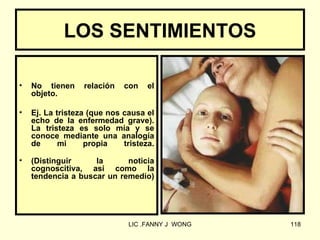 LOS SENTIMIENTOS

•   No tienen     relación   con    el
    objeto.

•   Ej. La tristeza (que nos causa el
    echo de la enfermedad grave).
    La tristeza es solo mía y se
    conoce mediante una analogía
    de      mi     propia    tristeza.

•   (Distinguir     la      noticia
    cognoscitiva, así como la
    tendencia a buscar un remedio)




                              LIC .FANNY J WONG   118
 
