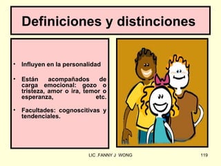 Definiciones y distinciones

•   Influyen en la personalidad

•   Están     acompañados      de
    carga emocional: gozo o
    tristeza, amor o ira, temor o
    esperanza,               etc.

•   Facultades: cognoscitivas y
    tendenciales.




                          LIC .FANNY J WONG   119
 