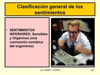 Clasificación general de los
              sentimientos


• SENTIMIENTOS
  INFERIORES: Sensibles
  y Orgánicos (una
  conmoción somática
  del organismo)




                  LIC .FANNY J WONG   122
 