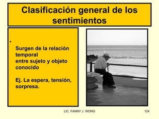 Clasificación general de los
              sentimientos

•
    Surgen de la relación
    temporal
    entre sujeto y objeto
    conocido

    Ej. La espera, tensión,
    sorpresa.



                       LIC .FANNY J WONG   124
 