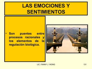 LAS EMOCIONES Y
            SENTIMIENTOS



• Son    puentes     entre
  procesos racionales y
  los elementos de la
  regulación biológica.




                     LIC .FANNY J WONG   131
 