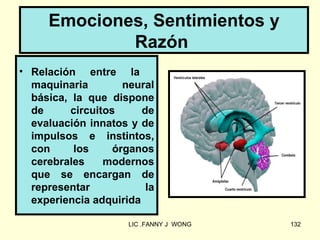 Emociones, Sentimientos y
             Razón
• Relación entre la
  maquinaria         neural
  básica, la que dispone
  de      circuitos     de
  evaluación innatos y de
  impulsos e instintos,
  con      los     órganos
  cerebrales     modernos
  que se encargan de
  representar            la
  experiencia adquirida

                     LIC .FANNY J WONG   132
 