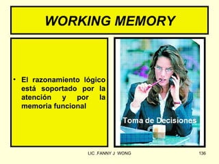 WORKING MEMORY



• El razonamiento lógico
  está soportado por la
  atención y por la
  memoria funcional




                   LIC .FANNY J WONG   136
 